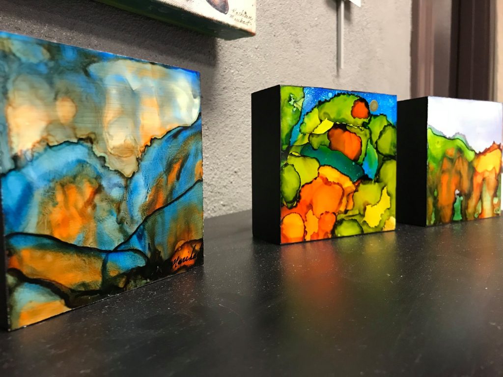 Alcohol ink paintings on cradle boards.