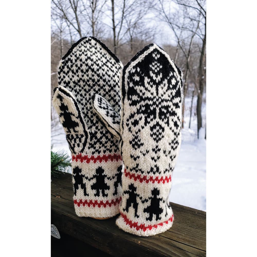Black, white and red hand-knit mittens by Pamela Gubrud.