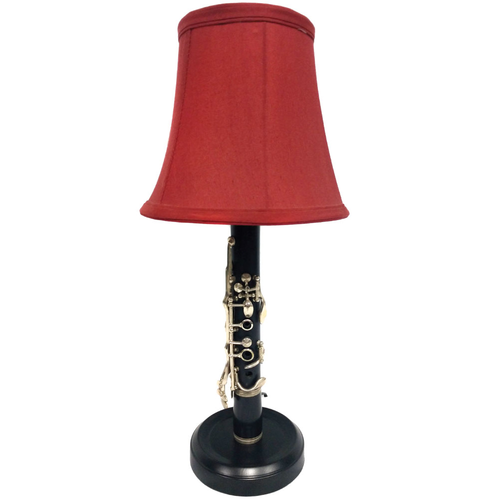 Clarinet lamp with a red shade created by Patty Kolke.